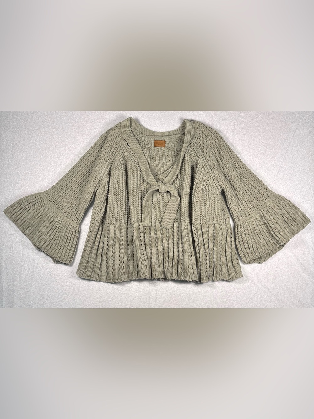 POL Tie-Front Chunky Knit Oversized Sweater with Bell Sleeves - Sage Green